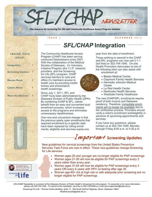 SFL / CHAP Newsletter Issue 1 Dec 2012